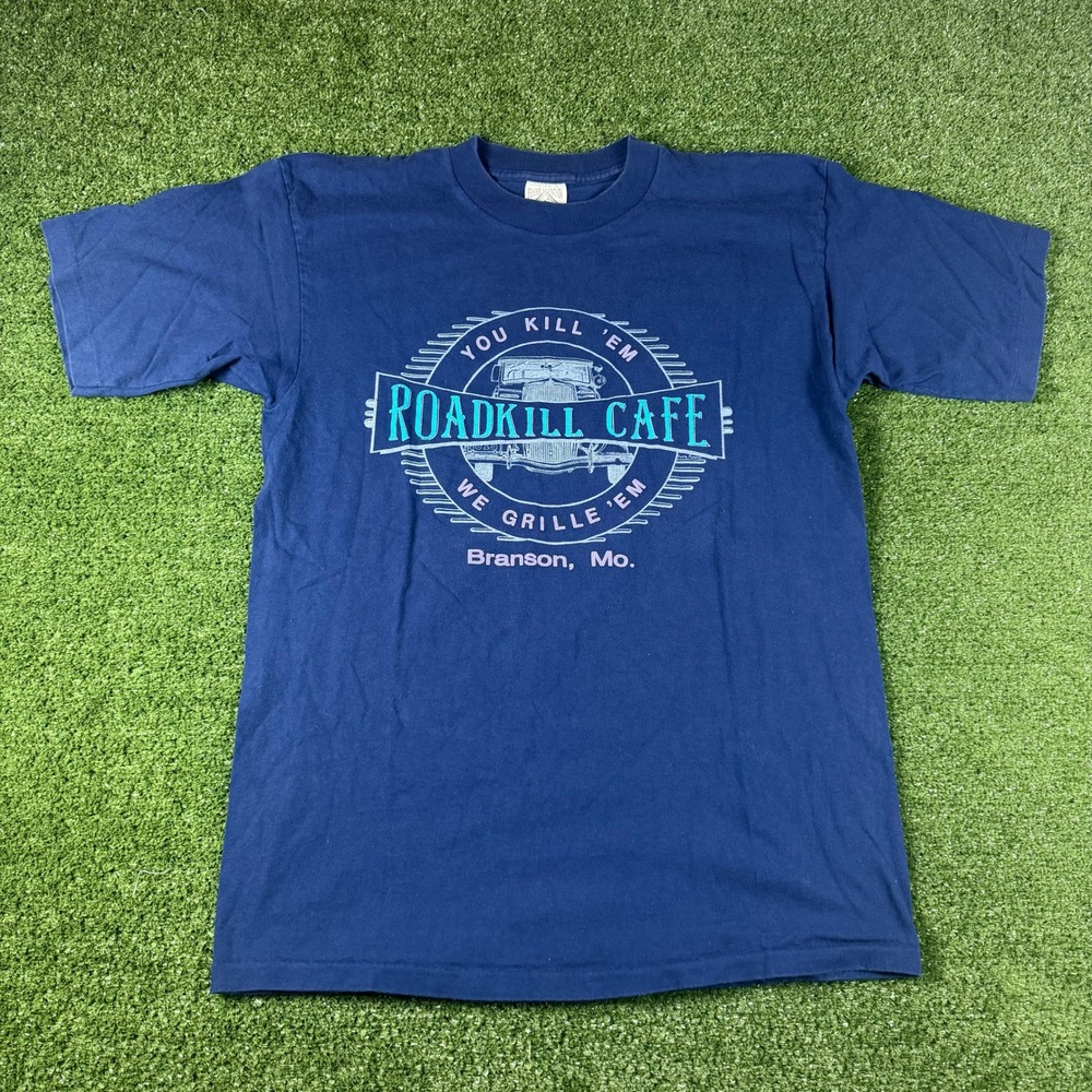 Vintage Prairie Mountain Roadkill Cafe Branson MO T-Shirt Navy Blue Mens L‎ USA